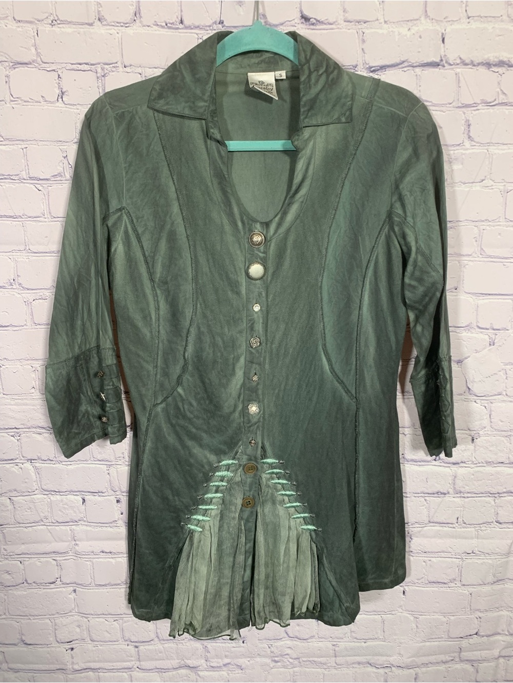 Parlsey & Sage Women Artsy Button Down Top Green Sz S Steam Punk Military Grunge